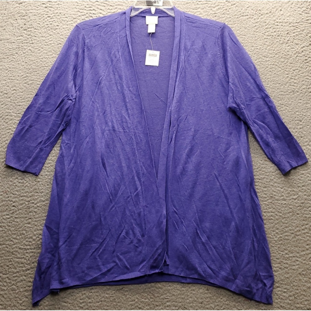 Chico's Cardigan Sweater Womens L Purple Knit Linen Blend 3/4 Sleeve Open Front